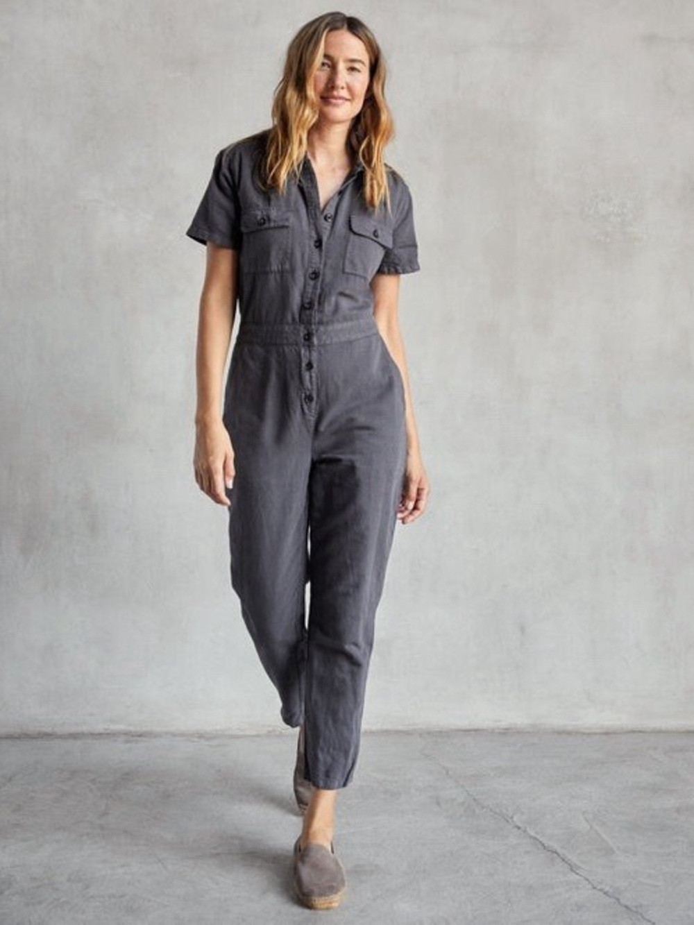 New Button-Front Short-Sleeve Jumpsuit - Charcoal